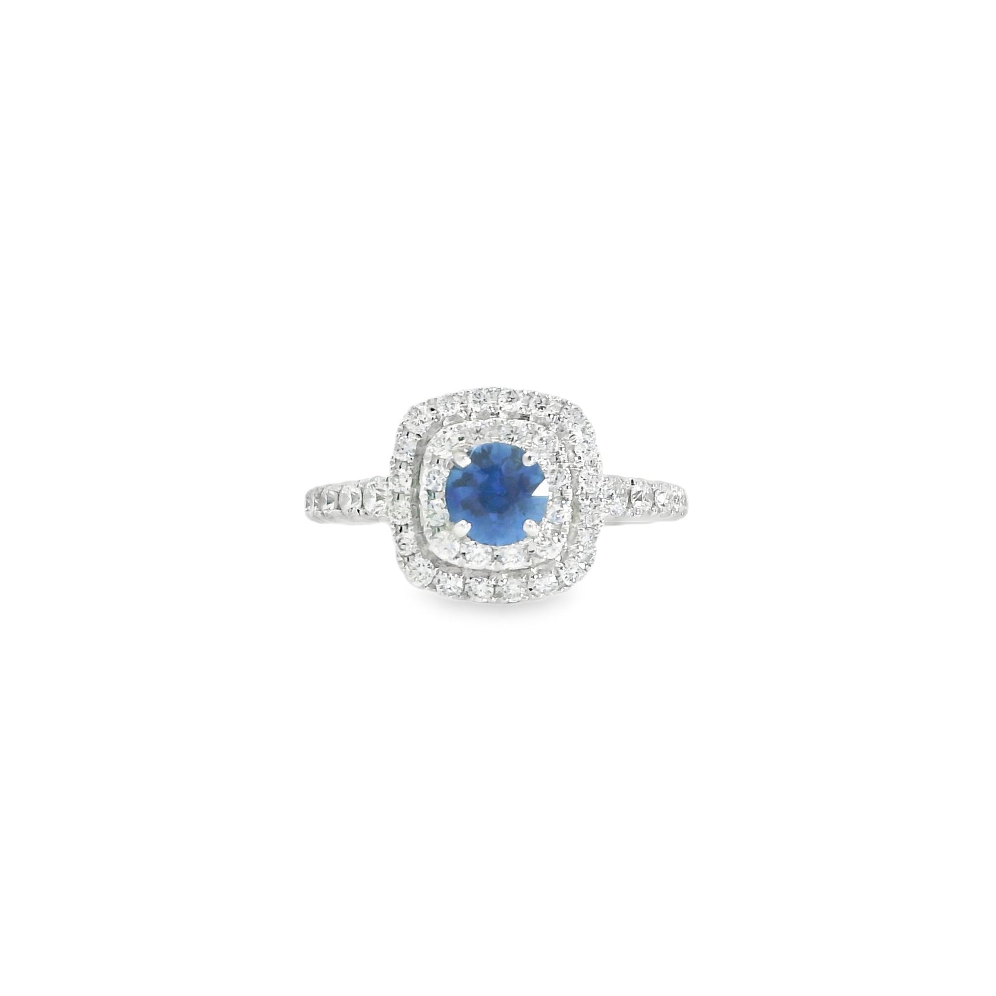 14K White Gold Blue Sapphire Double Halo Diamond Ring