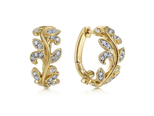 14K Yellow Gold Floral 15mm Diamond Huggy Earrings