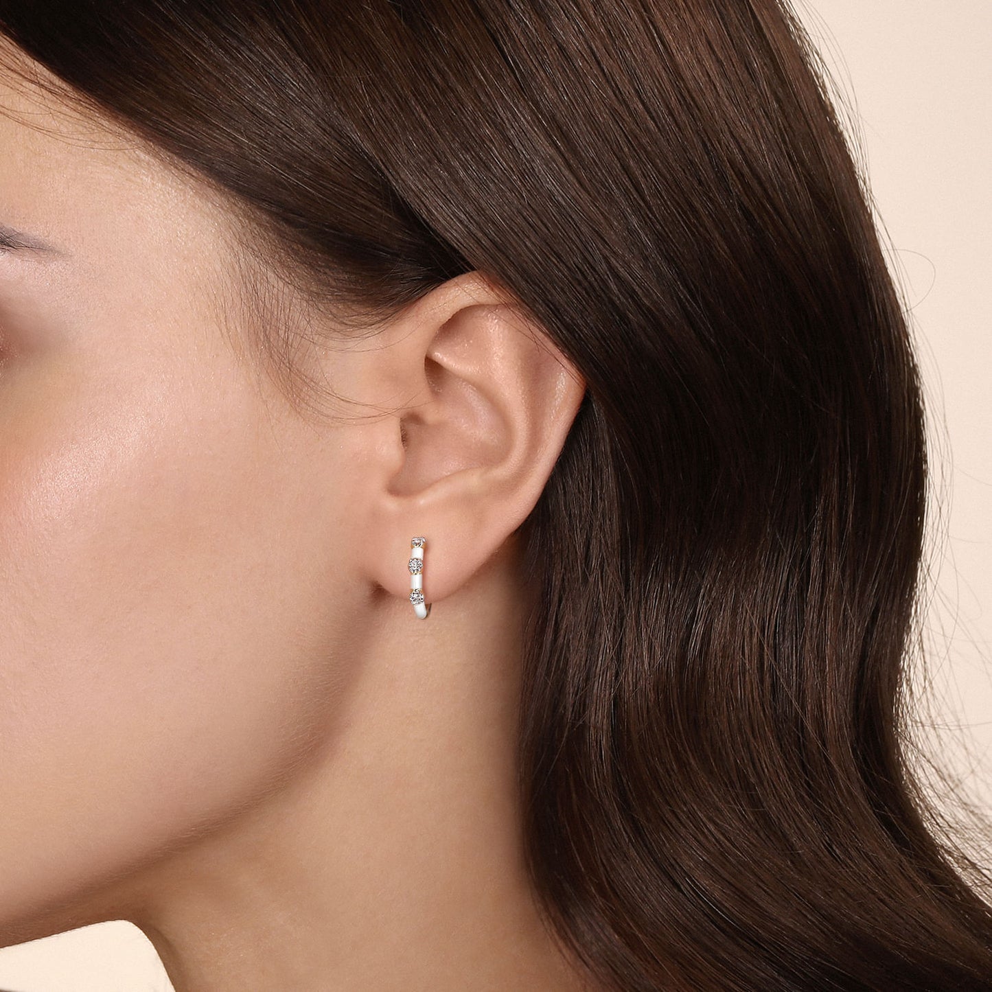 14K Yellow Gold Classic Diamond Station Huggies with White Enamel