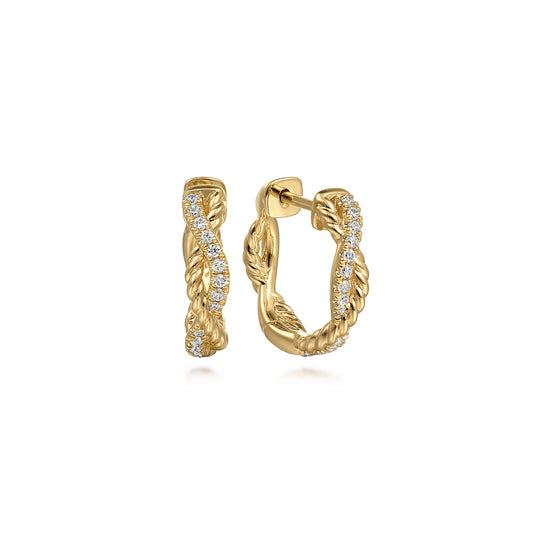 14K Yellow Gold Diamond And Rope 15mm Huggy Earrings