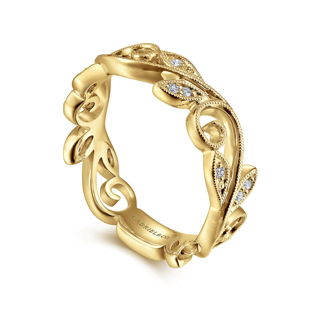 14K Yellow Gold Floral Diamond Stackable Ring