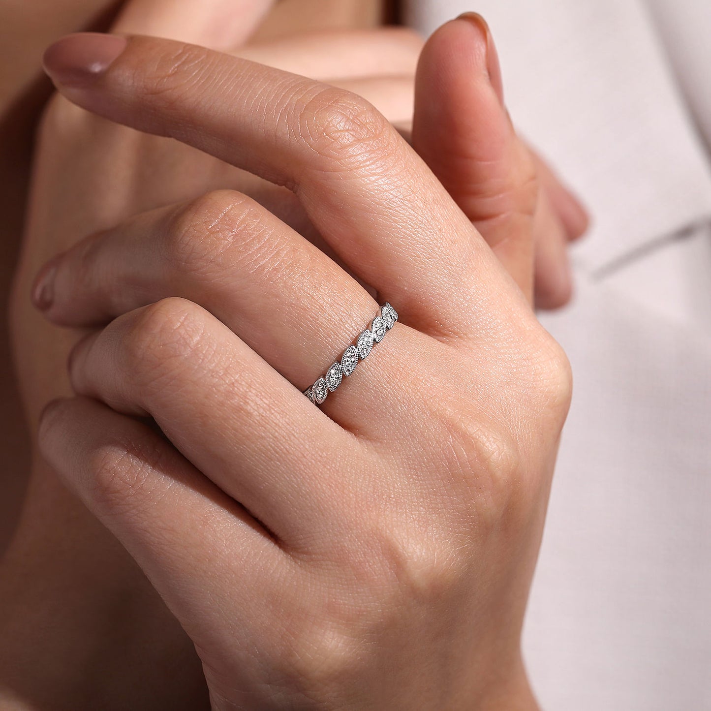 14K White Gold Millgrained Marquise Stackable Diamond Ring