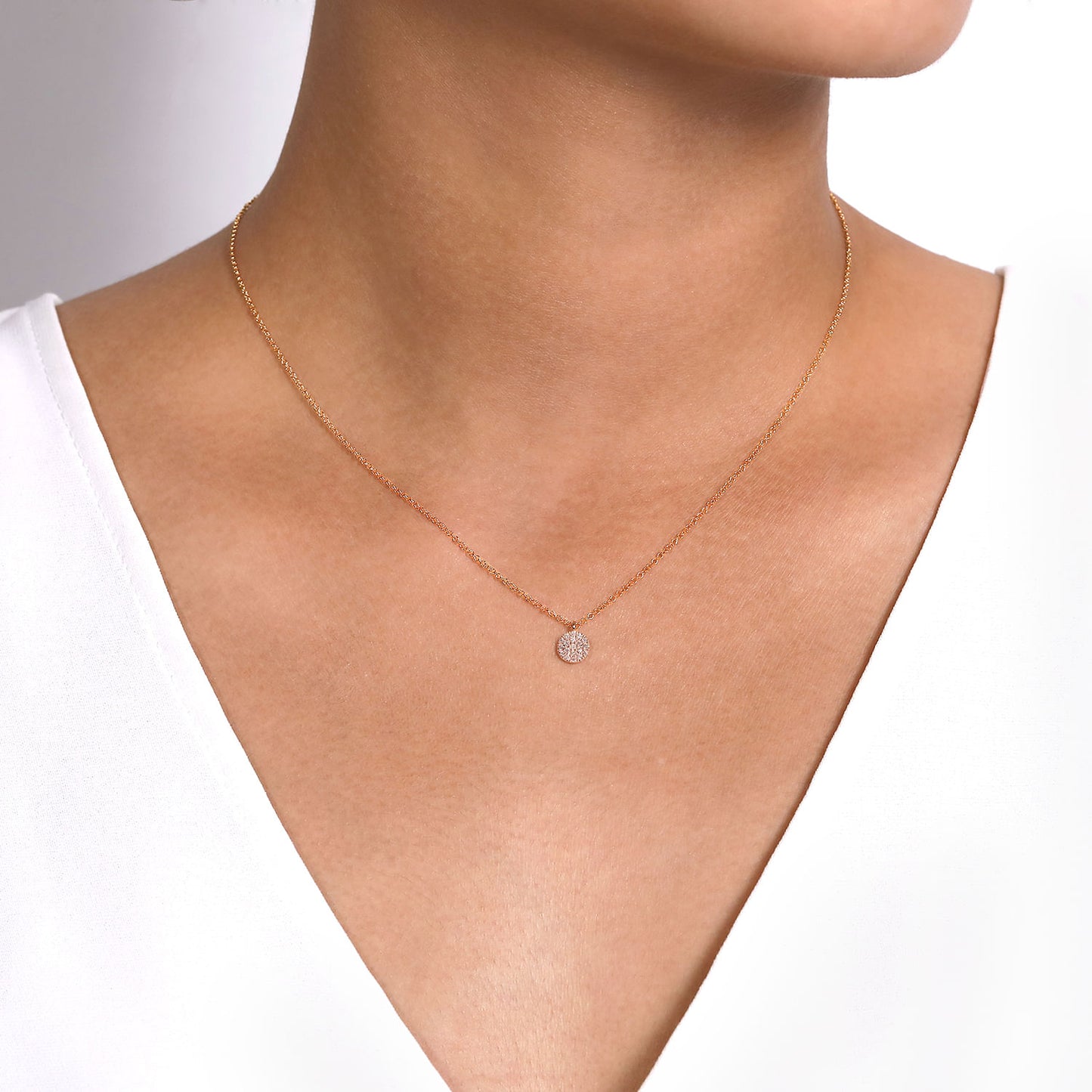 14K Rose Gold Round Pave Diamond Disc Pendant Necklace