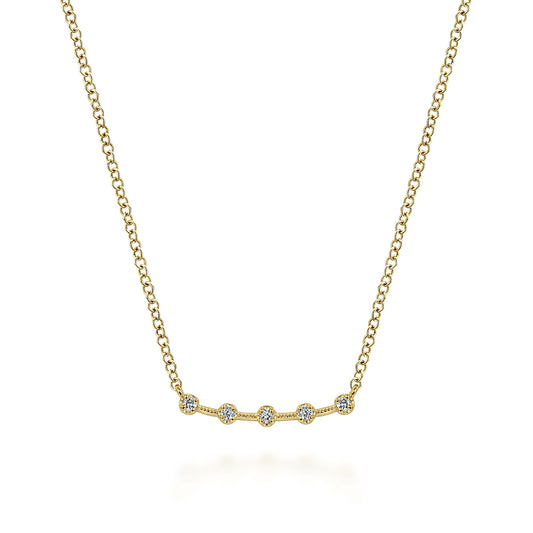14K Yellow Gold Diamond Stations Curved Bar Necklace