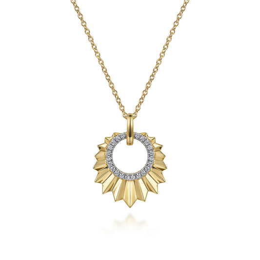 Diamond Cut - 14K Yellow Gold Diamond and Diamond Cut Texture Pendant Necklace