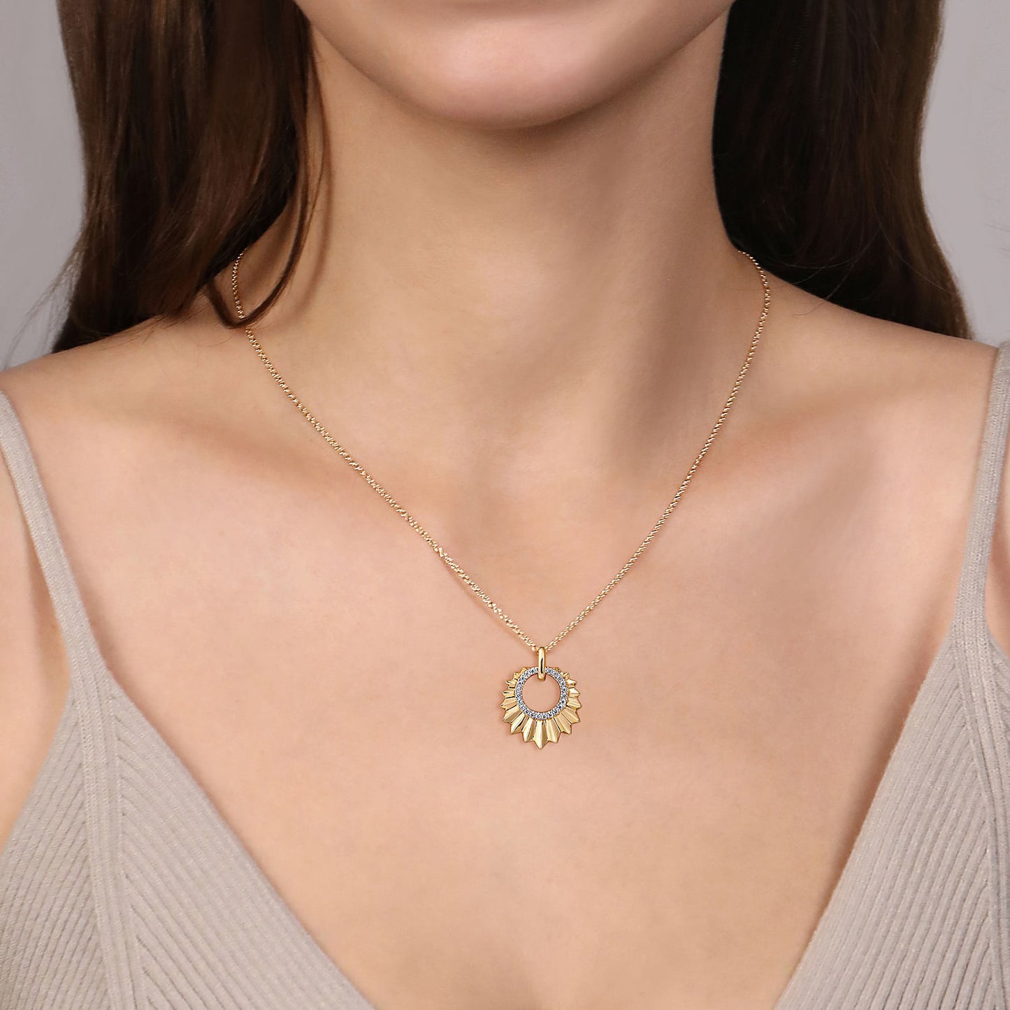Diamond Cut - 14K Yellow Gold Diamond and Diamond Cut Texture Pendant Necklace