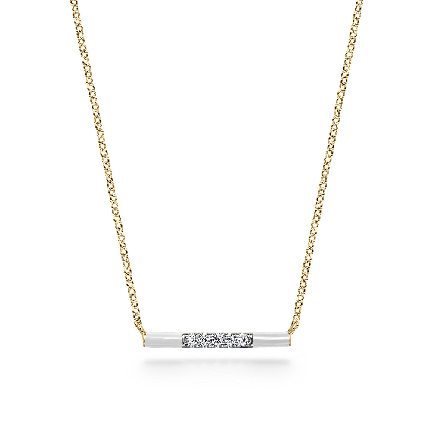 14K Yellow Gold Diamond Bar Necklace with White Enamel