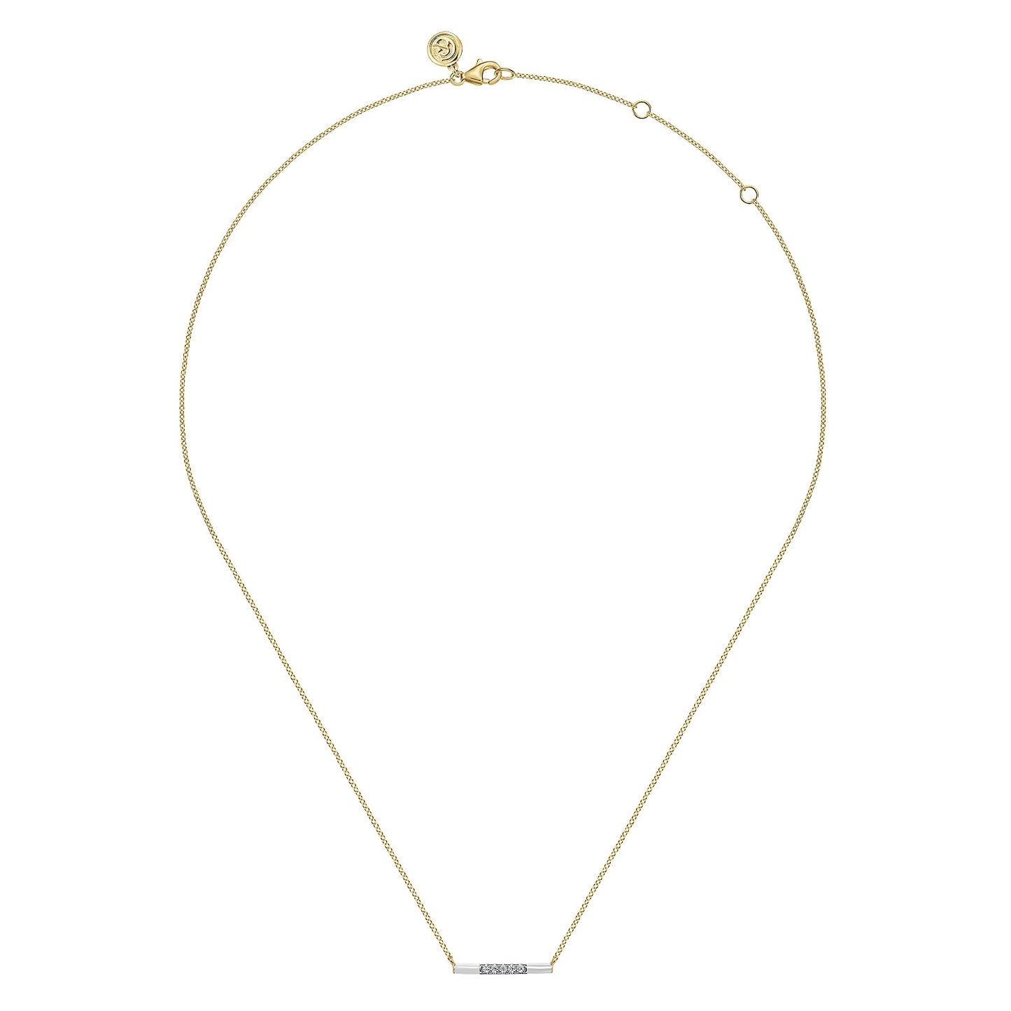 14K Yellow Gold Diamond Bar Necklace with White Enamel