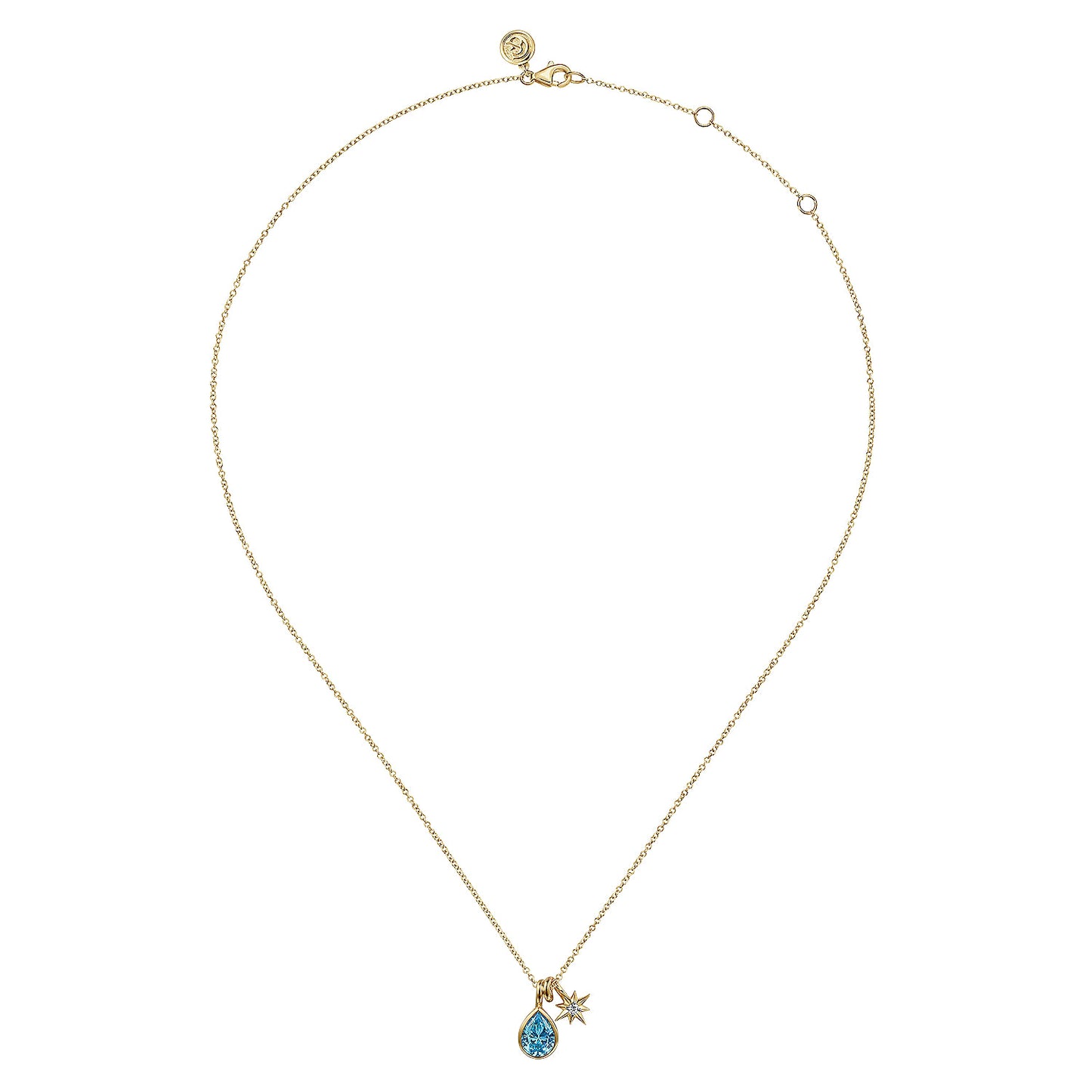 14K Yellow Gold Blue Topaz and Diamond Teardrop Pendant Necklace