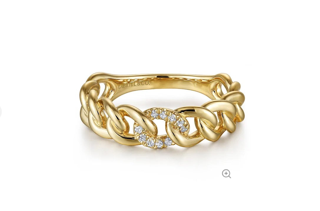 14K Yellow Gold Chain Link Ring Band with Pave Diamond Station