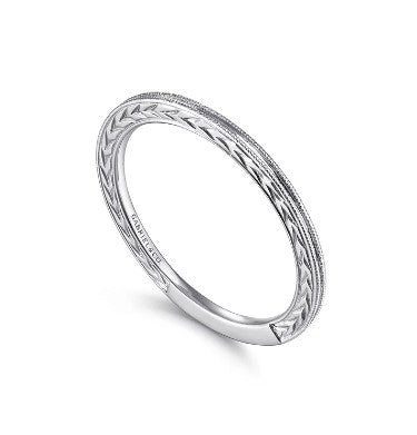 14K White Gold Engraved Milgrain Slim Stackable Ring