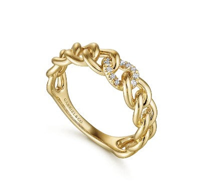 14K Yellow Gold Chain Link Ring Band with Pave Diamond Station