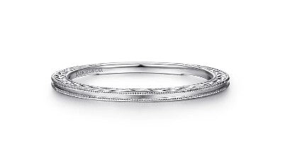 14K White Gold Engraved Milgrain Slim Stackable Ring