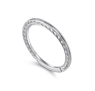 14K White Gold Engraved Milgrain Slim Stackable Ring