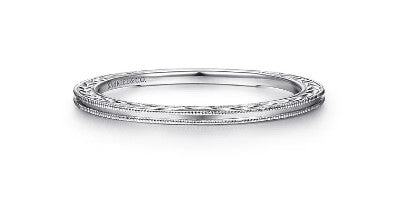 14K White Gold Engraved Milgrain Slim Stackable Ring