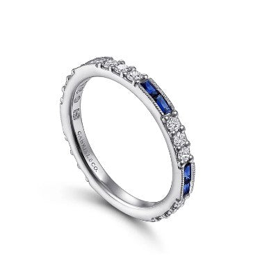 14K White Gold Sapphire Baguette and Diamond Stackable Ring