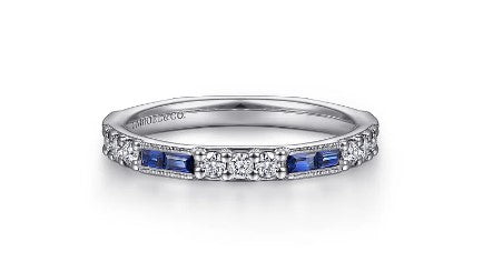 14K White Gold Sapphire Baguette and Diamond Stackable Ring