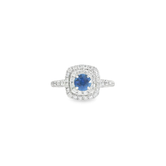 14K White Gold Blue Sapphire Double Halo Diamond Ring