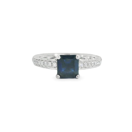 14K White Gold Blue Sapphire & Diamond Ring