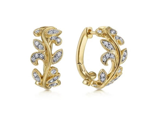 14K Yellow Gold Floral15mm Diamond Huggies