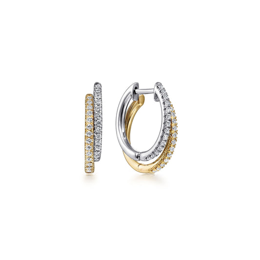 14K Yellow & White Gold Diamond Huggie Earrings