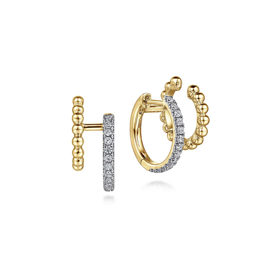 14K Yellow Gold Diamond Huggy And Bujukan Cuff Earrings