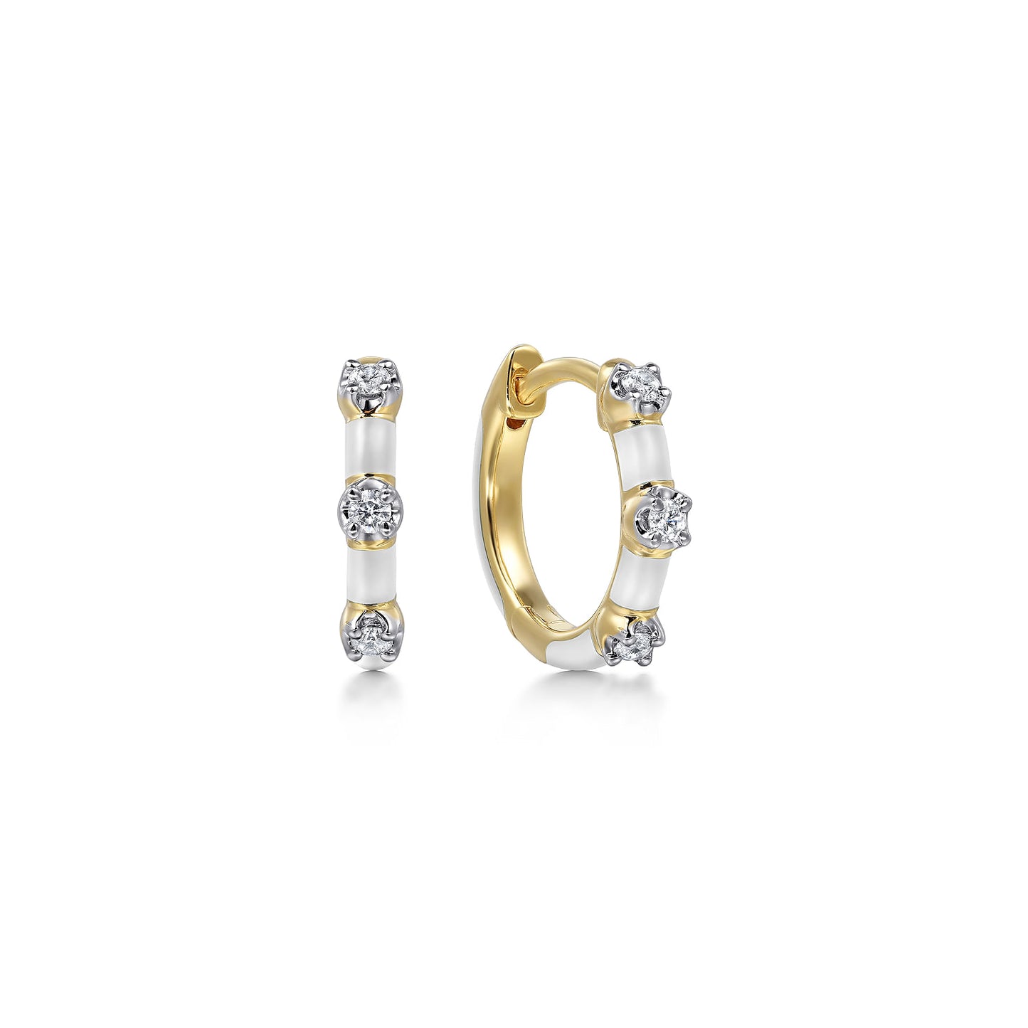 14K Yellow Gold Classic Diamond Station Huggies with White Enamel