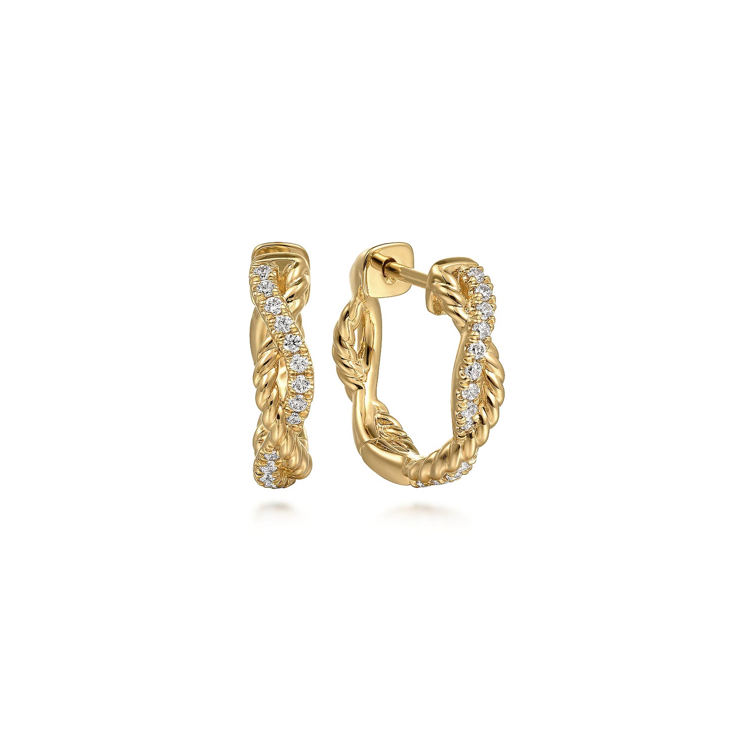 14K Yellow Gold Diamond And Rope 15mm Huggy Earrings