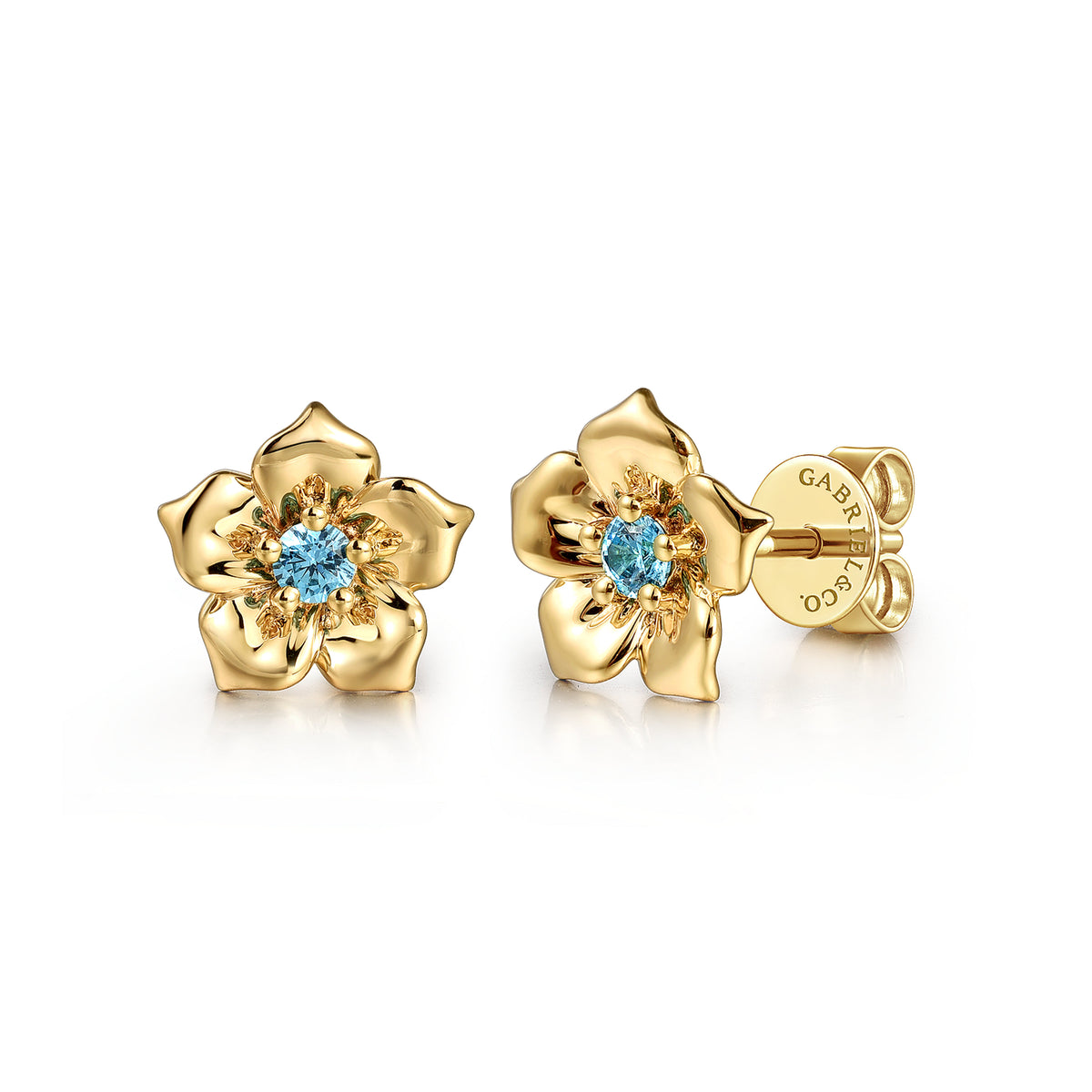 14K Yellow Gold Blue Topaz Floral Earrings