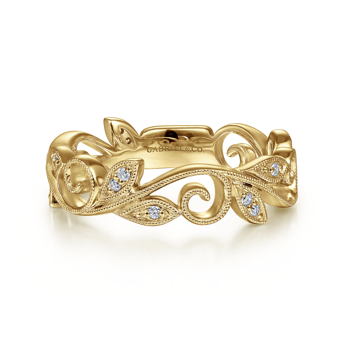 14K Yellow Gold Floral Diamond Stackable Ring