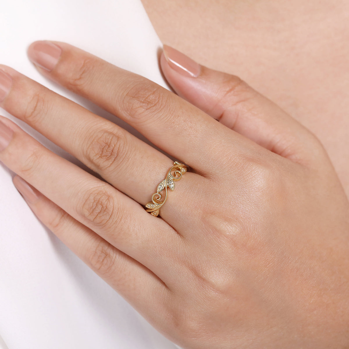 14K Yellow Gold Floral Diamond Stackable Ring