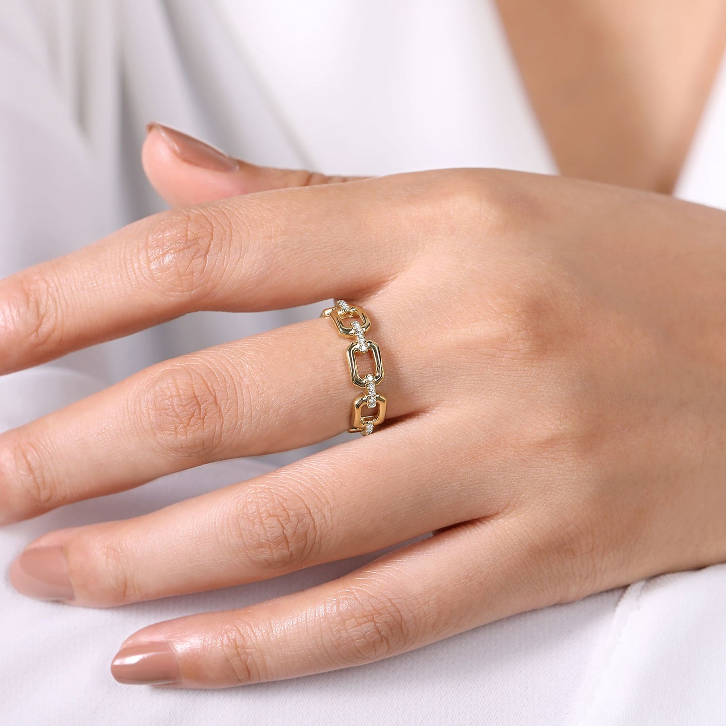 14K Yellow Gold Chain Link Stackable Ring Band with Diamond Connectors