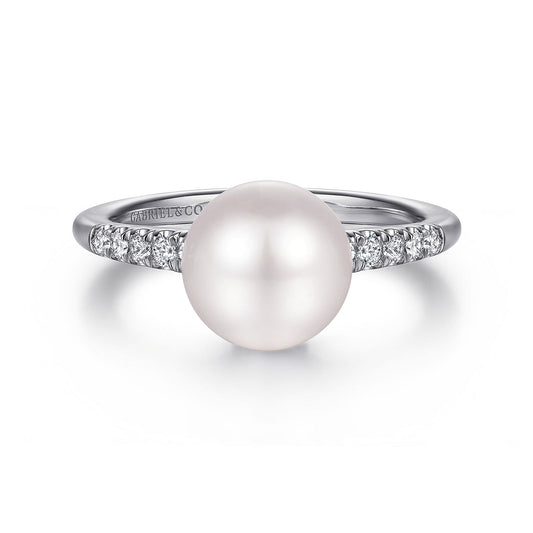 14K White Gold Classic Cultured Pearl Diamond Ring