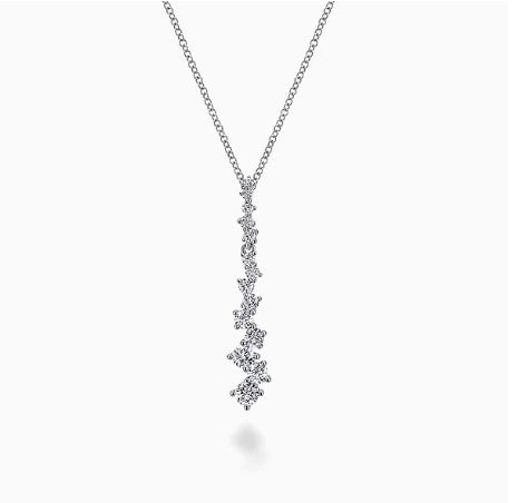 14K White Gold Linear Diamond Cluster Pendant Necklace