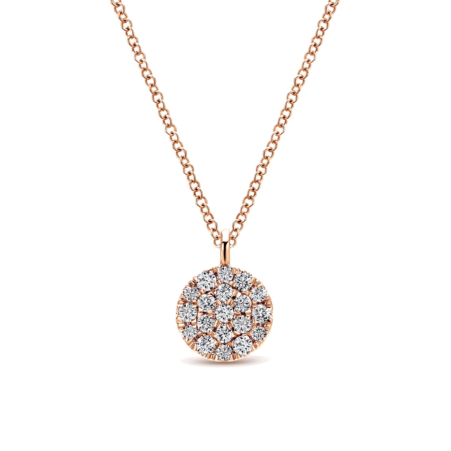 14K Rose Gold Round Pave Diamond Disc Pendant Necklace