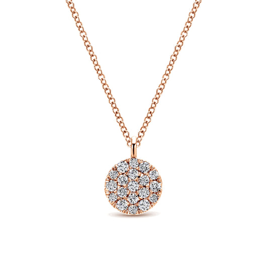 14K Rose Gold Round Pave Diamond Disc Pendant Necklace