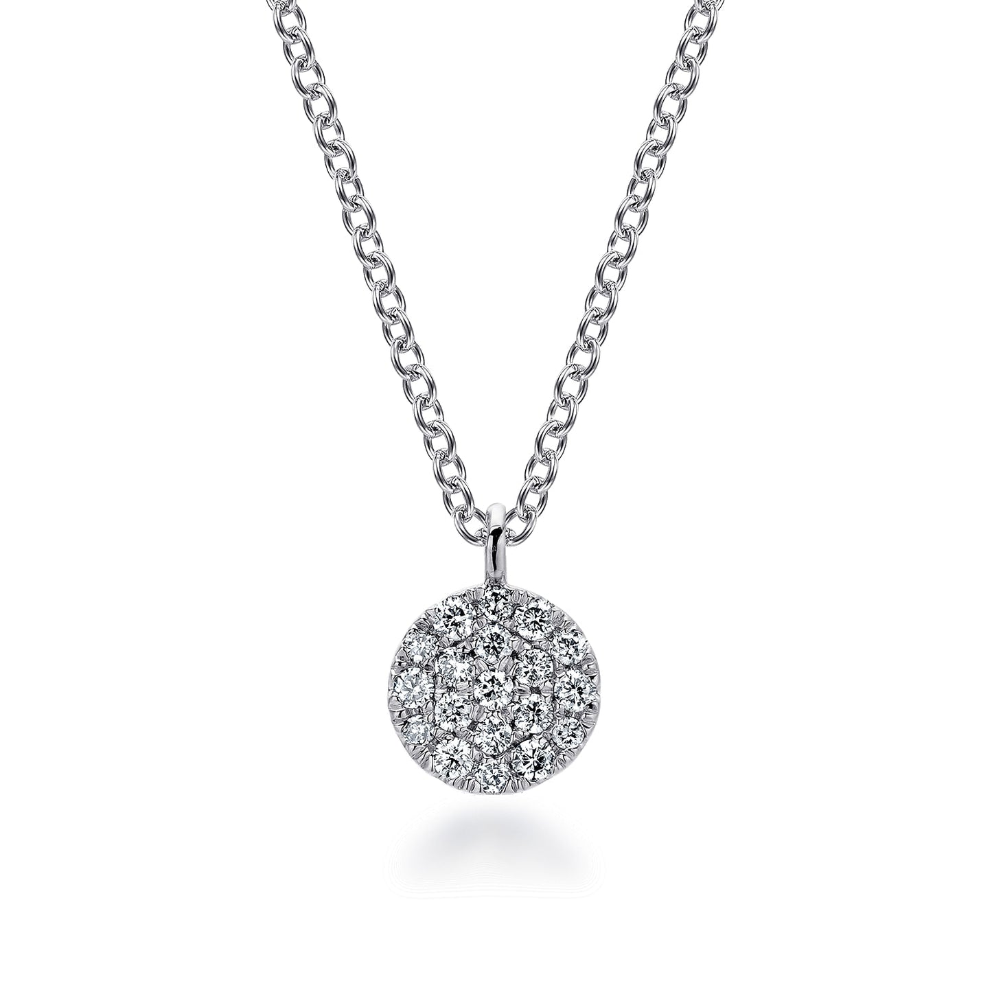 14K White Gold Round Pave Diamond Disc Pendant Necklace