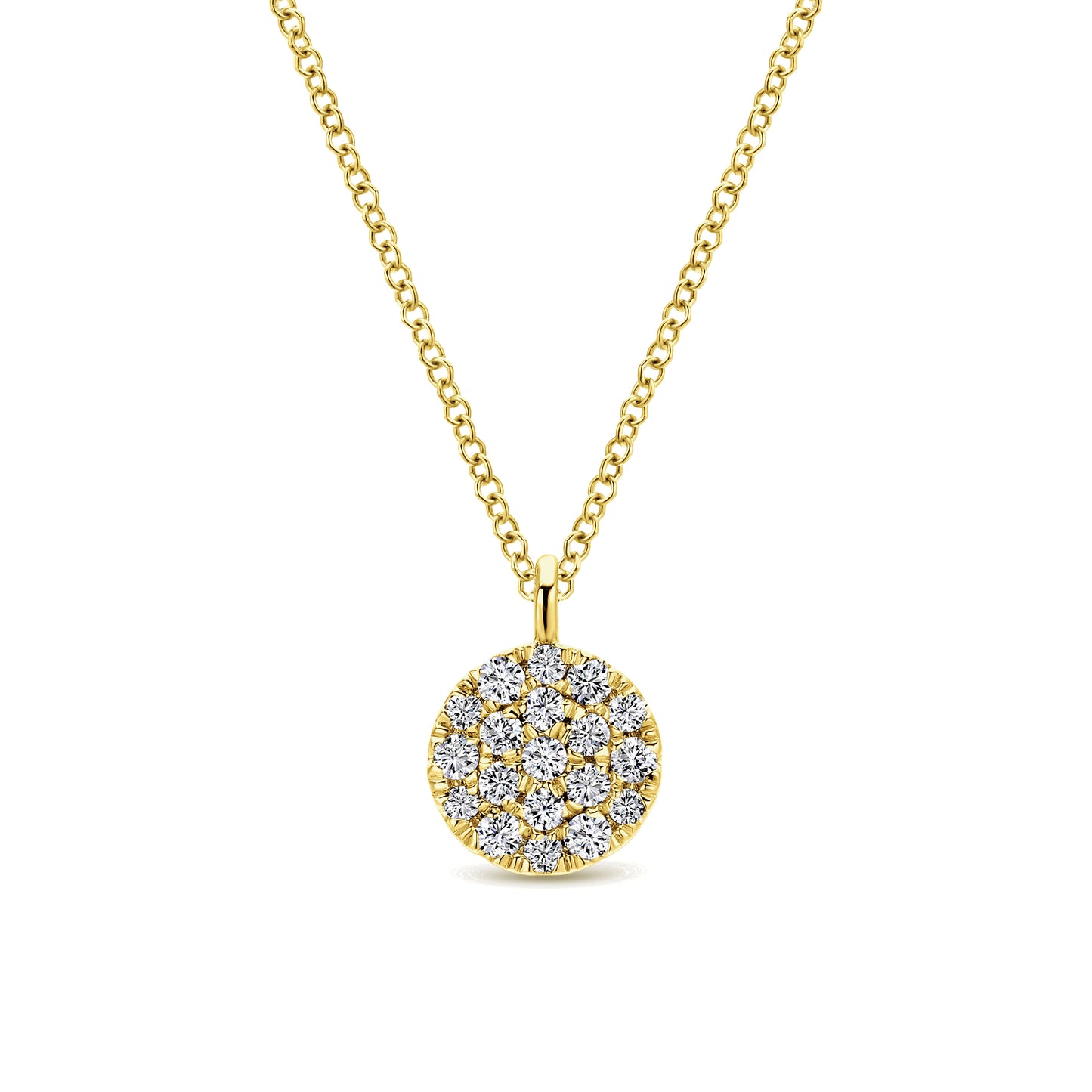 14K Yellow Gold Round Pave Diamond Disc Pendant Necklace