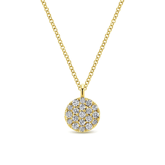 14K Yellow Gold Round Pave Diamond Disc Pendant Necklace