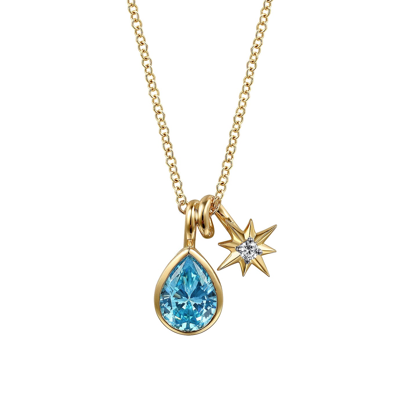 14K Yellow Gold Blue Topaz and Diamond Teardrop Pendant Necklace