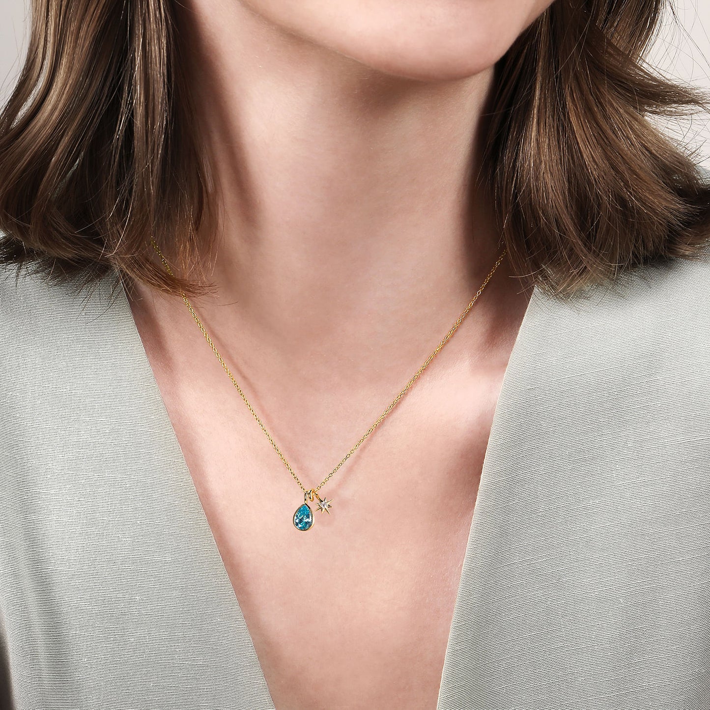 14K Yellow Gold Blue Topaz and Diamond Teardrop Pendant Necklace