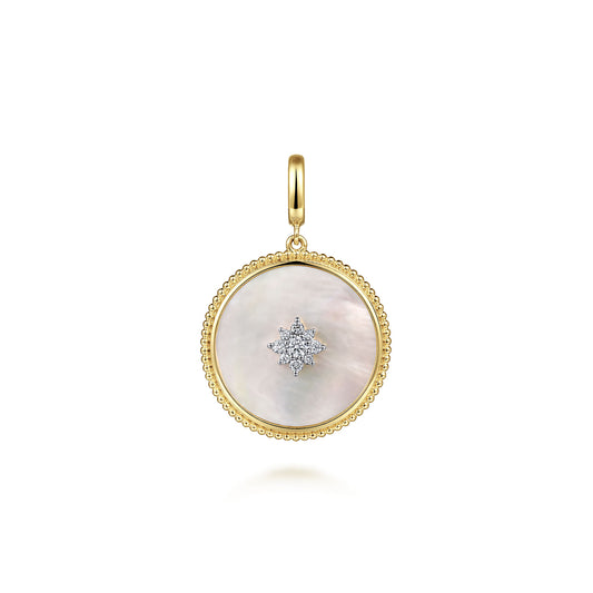 14K Yellow Gold Bujukan Diamond & Mother of Pearl Starburst Medallion Pendant With Detachable Bail