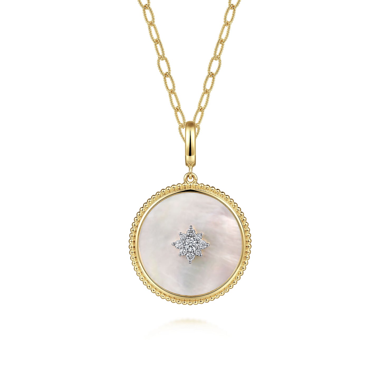 14K Yellow Gold Bujukan Diamond & Mother of Pearl Starburst Medallion Pendant With Detachable Bail