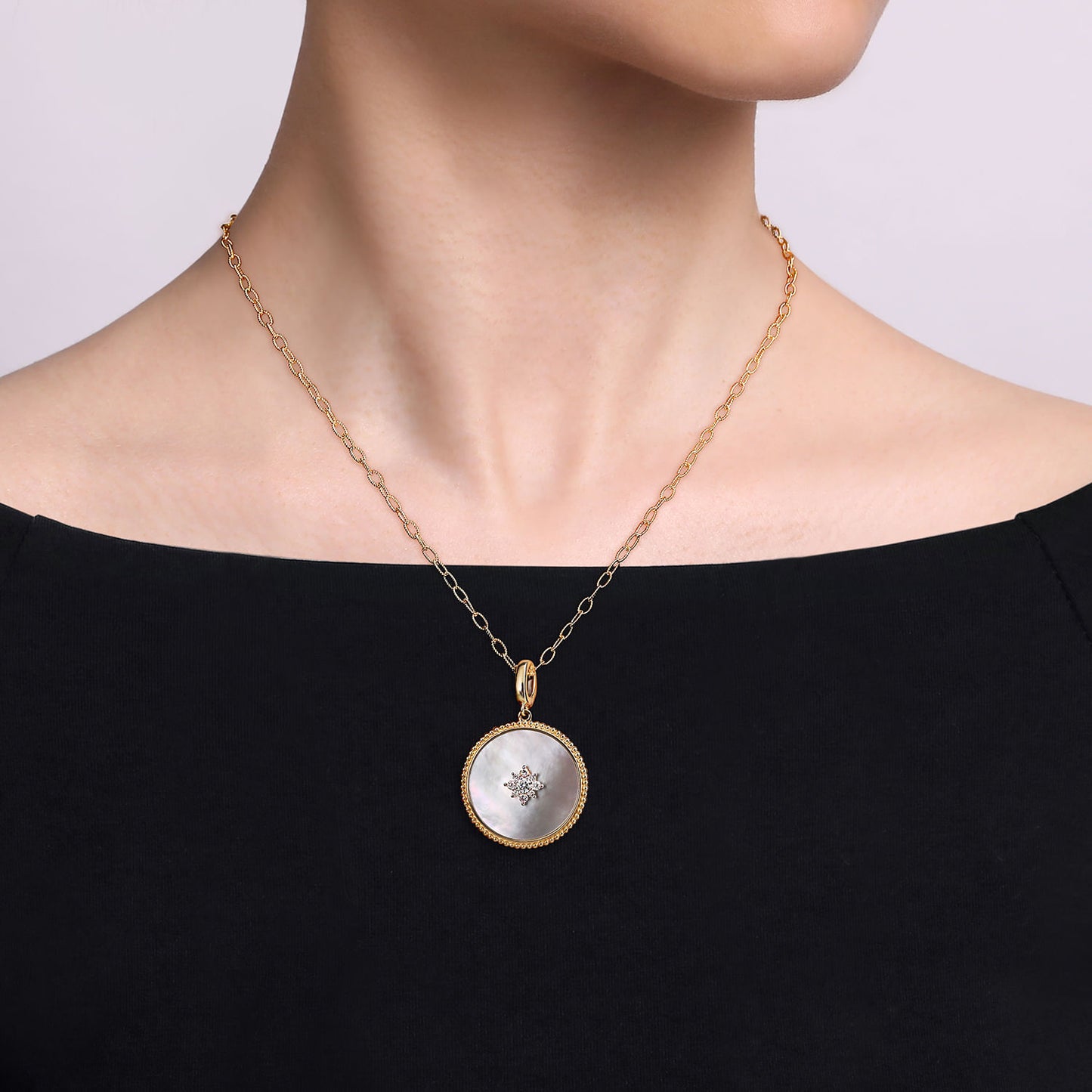 14K Yellow Gold Bujukan Diamond & Mother of Pearl Starburst Medallion Pendant With Detachable Bail