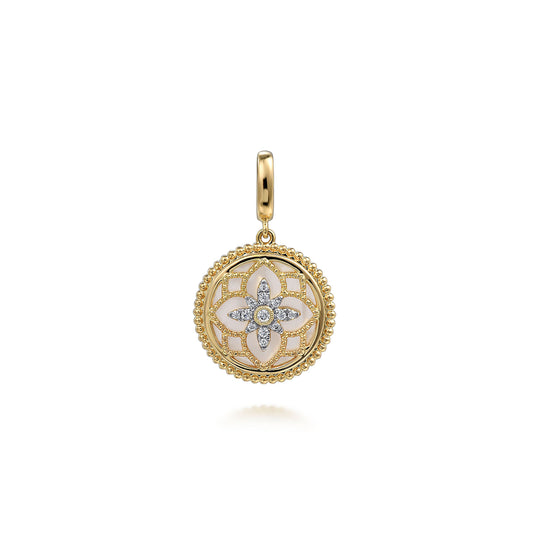 14K Yellow Gold Bujukan Mother of Pearl & Diamond Medallion Pendant