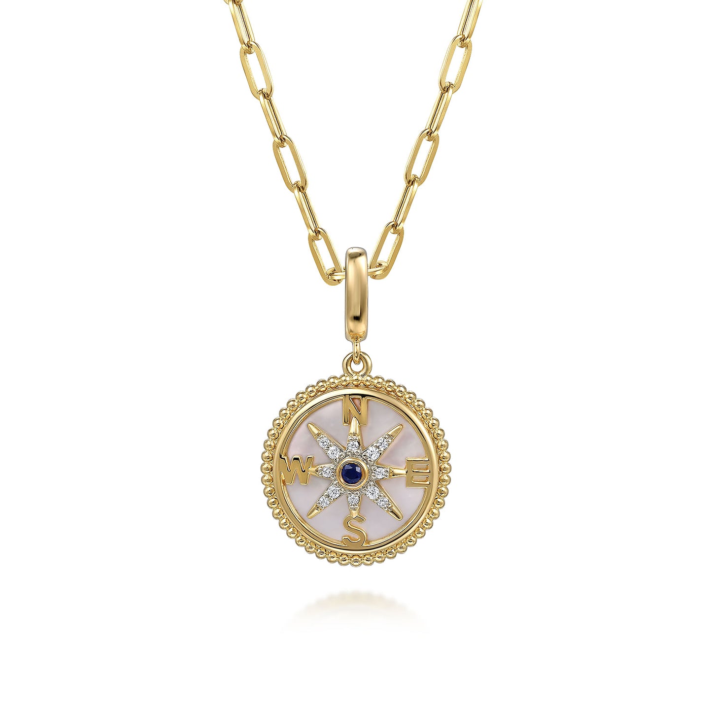 14K Yellow Gold 18mm Bujukan Diamond Compass & Mother of Pearl Medallion Pendant With Detachable Bail