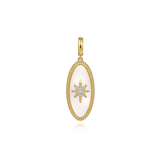 14K Yellow Gold Diamond and White Mother of Pearl Bujukan Oval Shape Medallion Pendant