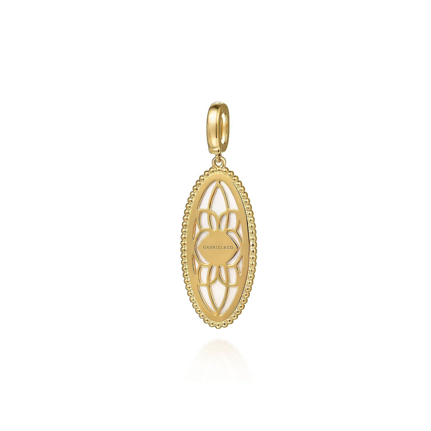 14K Yellow Gold Diamond and White Mother of Pearl Bujukan Oval Shape Medallion Pendant