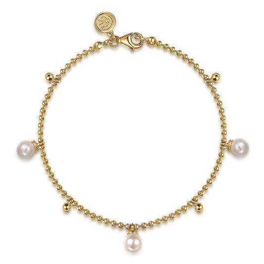 14K Yellow Gold Bujukan Beads and Pearl Droplet Bracelet