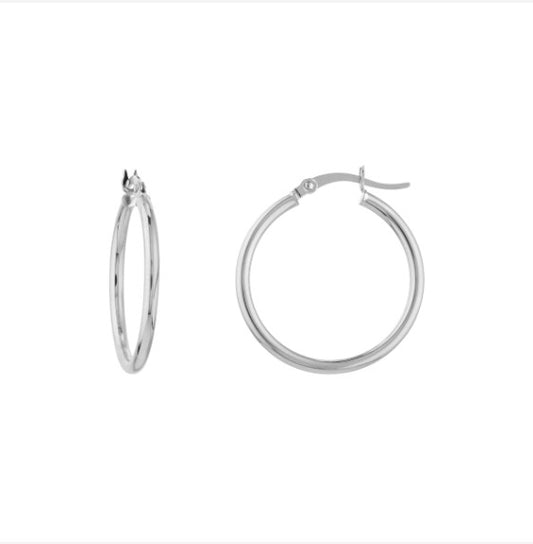 14K White Gold 2mm x 25mm Polished Hoop Earrings - Available in Yellow, White, and Rose Gold